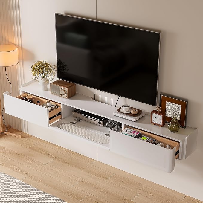 Floaticase Floating TV Stand, 47IN Fully Assembled Hign Gloss Wall Mounted TV Console with Flip-Down Door & Drawers for Livingroom, Bedroom