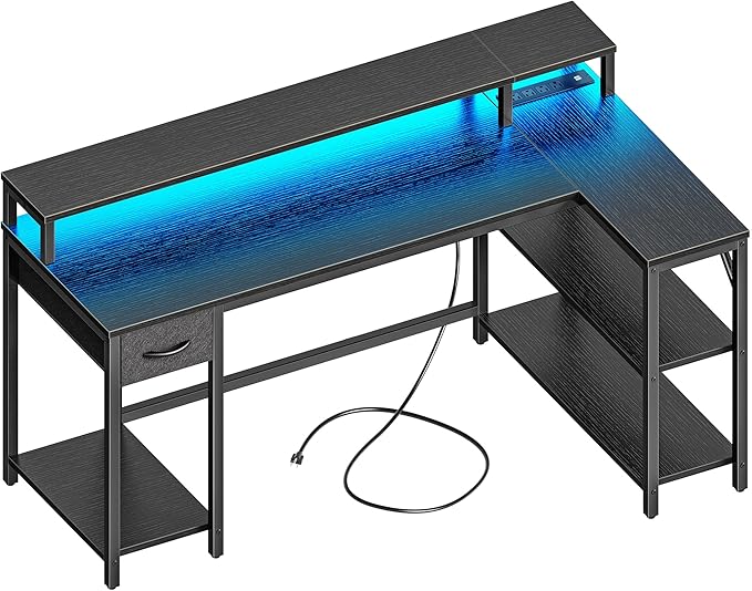 SUPERJARE 53 inch Reversible L Shaped Desk with LED Lights & Power Outlets, Computer Desk with Shelves & Monitor Stand, Gaming Desk with Drawer, Home Office Desk Corner Desk, Black