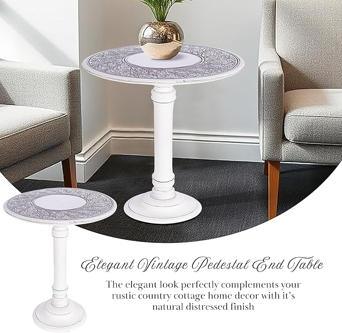 The Wooden Town Antique White Round Coffee Table – 18x22 Wood Accent Side Table for Living Room, End Table for Books & Plants, Small Altar Table