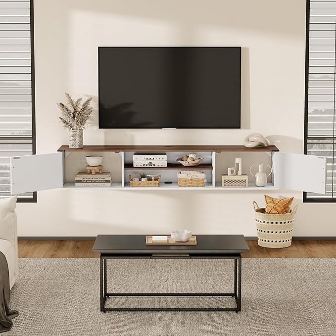 Floating TV Stand with Doors, 63'' Farmhouse Floating TV Shelf for TVs up to 80 Inch, 2 Tier Wall Mounted TV Stand, Floating Entertainment Center, TV Floating Cabinet for Living Room, Bedroom, White