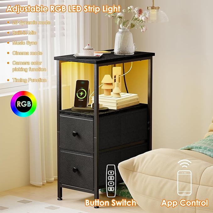 Fixwal Narrow Side Table with Charging Station and LED Light, Skinny Nightstand with 2 Fabric Drawers, Slim End Table for Bedroom, Dorm, Small Space, Black