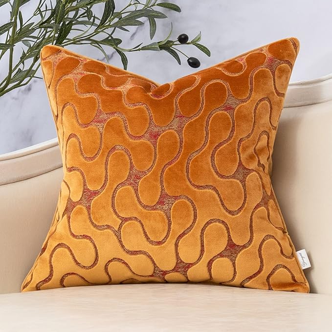 Yangest Orange Yellow Square Throw Pillow Cover Wavy Velvet Cushion Cover Modern Zippered Pillowcase for Sofa Couch Bedroom Living Room Chair, 20 x 20 Inch