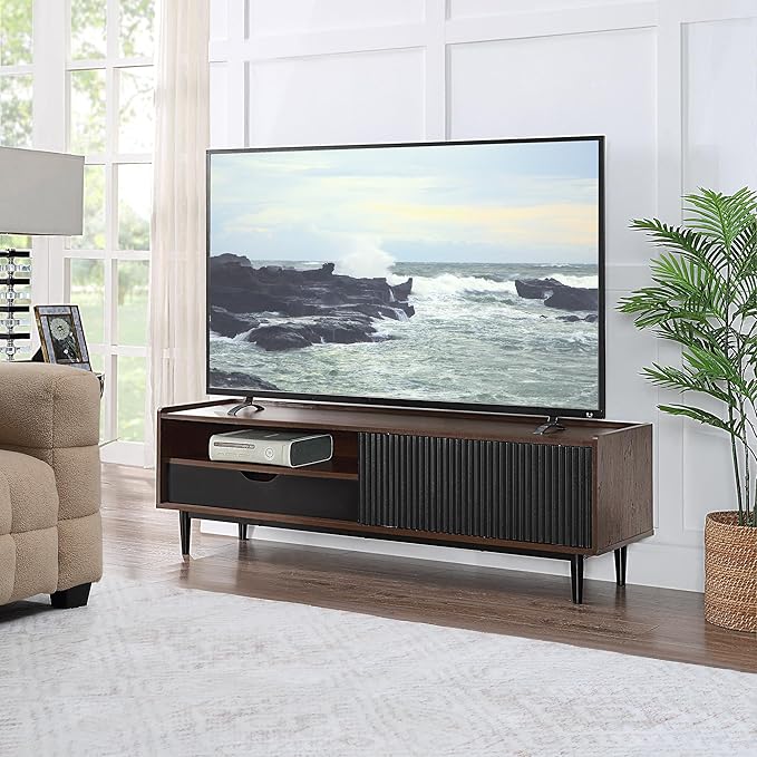 Manhattan Comfort Duane Modern Ribbed 55 Inch TV Stand with 1 Drawer, 2 Shelves, Sliding Door, and Wire Management, Mid-Century Style Entertainment Center and Media Console for Living Room, Black