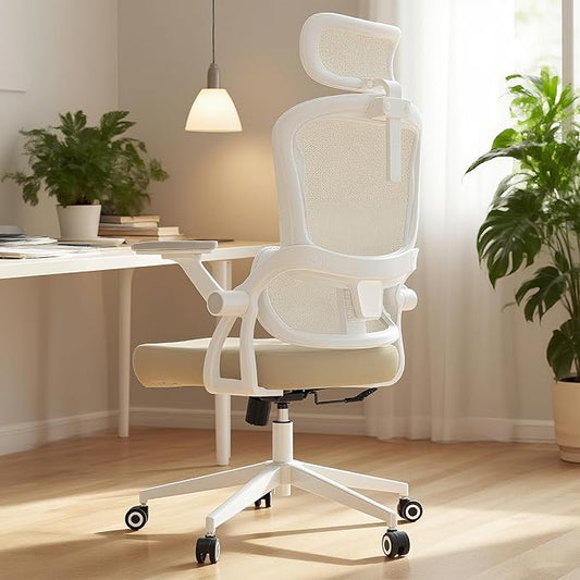 Office Chair Ergonomic Desk Chair with Lumbar Support&Headrest&Flip-up Arms Height Adjustable Rocking Swivel High Back Computer Chair Warm Taupe Mesh Study Chair (05Khaki)
