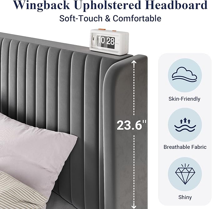 Allewie Queen Size Velvet Bed Frame/Vertical Channel Tufted Wingback Headboard/Upholstered Platform Bed/Strong Wooden Slats/No Box Spring Needed/Easy Assembly/Grey