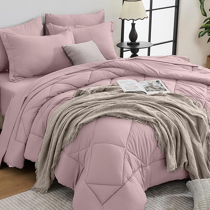 HEVUMYI Rose Gold Full Comforter Set - 7-Piece All Season Bed in a Bag Full, Ultra Soft Bedding Set with Comforter, Flat Sheet, Fitted Sheet, Pillowcases, Pillow Shams