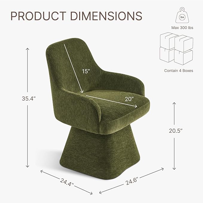 Swivel Dining Chairs Set of 4, Mid Century Modern Chairs Fabric Upholstered Armchair with Armrest & Ergonomic Backrest for Dining Room, Kitchen, Bedroom, Living Room, Green, 4 Boxs