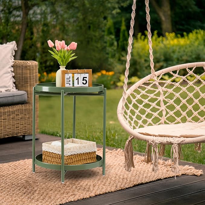 danpinera 2 Tier Metal Side Table with Removable Tray, Folding End Table Outdoor Small Accent Table, Anti-Rust Green Nightstand for Bedroom Balcony Patio, Set of 2 (Dark Green)