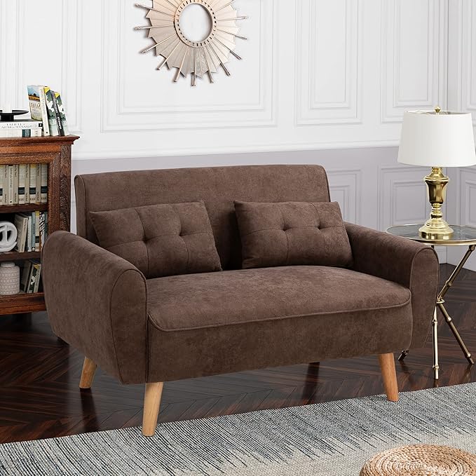 Shintenchi Small Modern Loveseat Couch Sofa, Mid Century Fabric Upholstered 2-Seat Sofa Couch Love Seats Furniture for Small Space,Living Room,Studio,Apartment with 2 Pillows,Brown