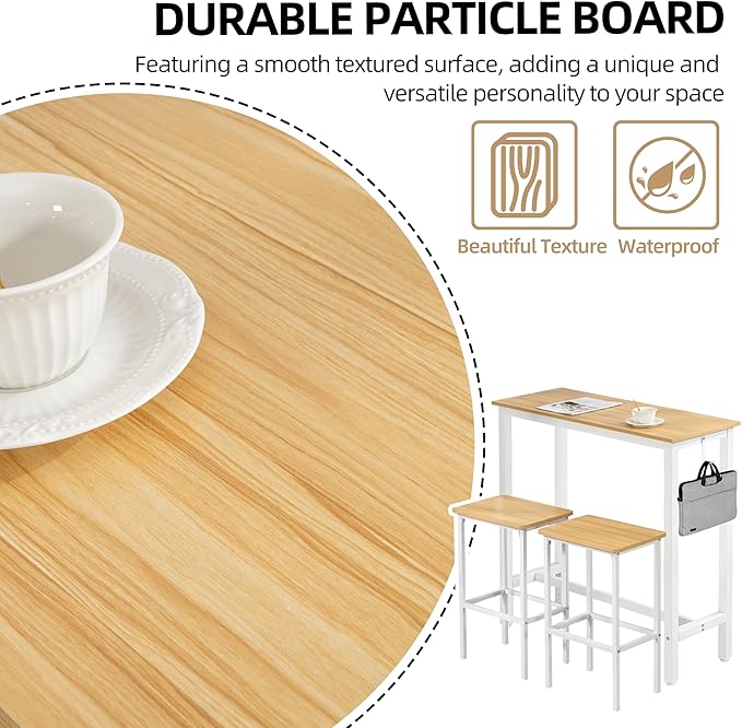 Finnhomy Bar Table Set, 39.3" Pub Table High Top Table, Rectangular Bar Height Table, Bar Table with Stools, Kitchen Table Set for 2, Breakfast for Kitchen, Living Room, Oak Beige and White