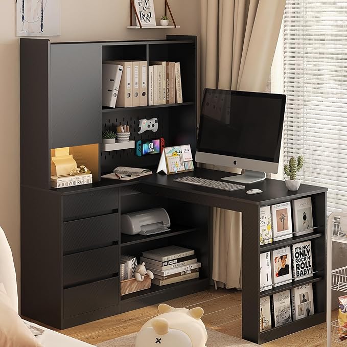KEIKI L Shaped Home Office Desks with LED Light, Pegboard, Hutch, Drawers, Bookshelf & Storage Shelves, Modern Wooden Gaming Computer Corner Table for Work, Study, Writing