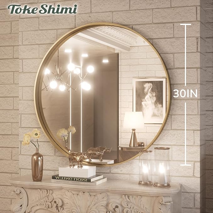 TokeShimi Brushed Gold Round Mirror 30 Inch Gold Round Vanity Bathroom Mirror for Wall Aluminum Alloy Matte Metal Frame Modern Gold Circle Mirror Fit in Minimalist Multi Style Home Decor