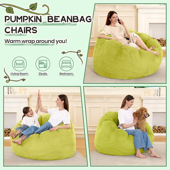 HABUTWAY Giant Bean Bag Chair for Adults/Kids/Teens, Pumpkin Bean Bag Couch Comfy Reading Chair for Bedroom, Corduroy Lazy Sofa Loughe Chair with Wider Seat Depth & Non-Slip Bottom(Light Green)