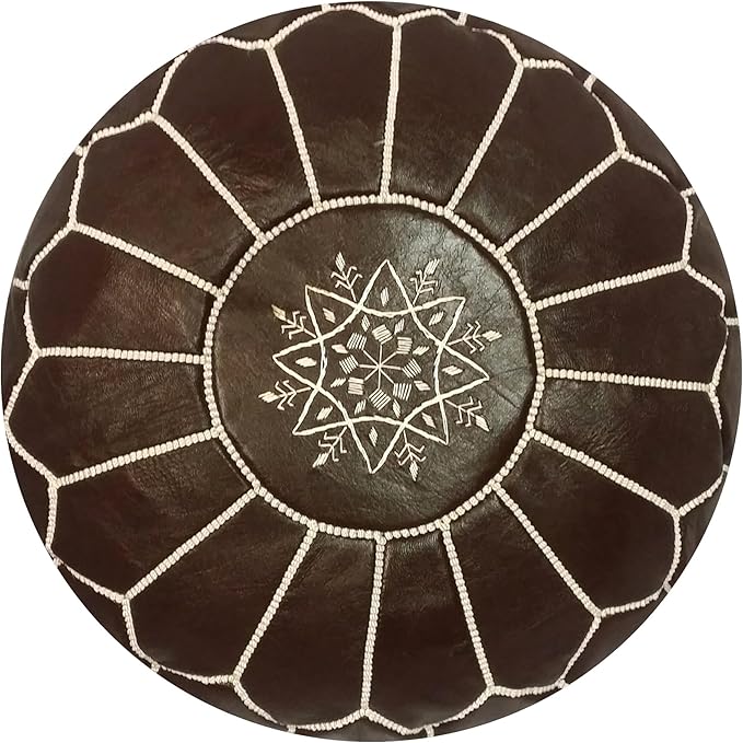 Stuffed Round Design Moroccan Leather Pouf Ottoman, Handmade, Pre-Filled, 100% Genuine Leather, 13” Height x 20” Diameter, Footstool & Living Room Décor (Chocolate)