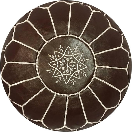 Stuffed Round Design Moroccan Leather Pouf Ottoman, Handmade, Pre-Filled, 100% Genuine Leather, 13” Height x 20” Diameter, Footstool & Living Room Décor (Chocolate)