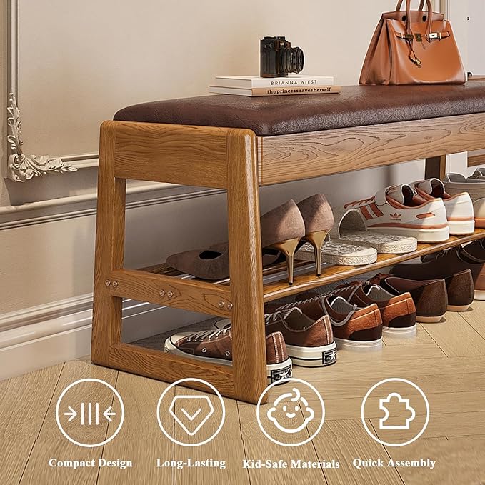 Shoe Rack Bench Seat Rubberwood 2-Tier Wooden Storage Bench 550lbs Compact Mid-Century Modern Design for Entryway, Hallway, Closet, Front Door Entrance, Foyer