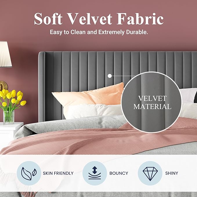 Allewie Queen Size Velvet Bed Frame/Vertical Channel Tufted Wingback Headboard/Upholstered Platform Bed/Strong Wooden Slats/No Box Spring Needed/Easy Assembly/Grey