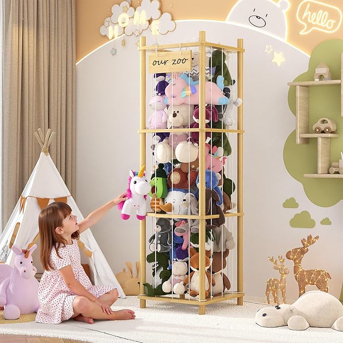 Bamboo Stuffed Animal Storage Zoo, Large Capacity Plush Toy Cage, Wood Stuffed Animals Holder for Toddler Room, Playroom, Bedroom