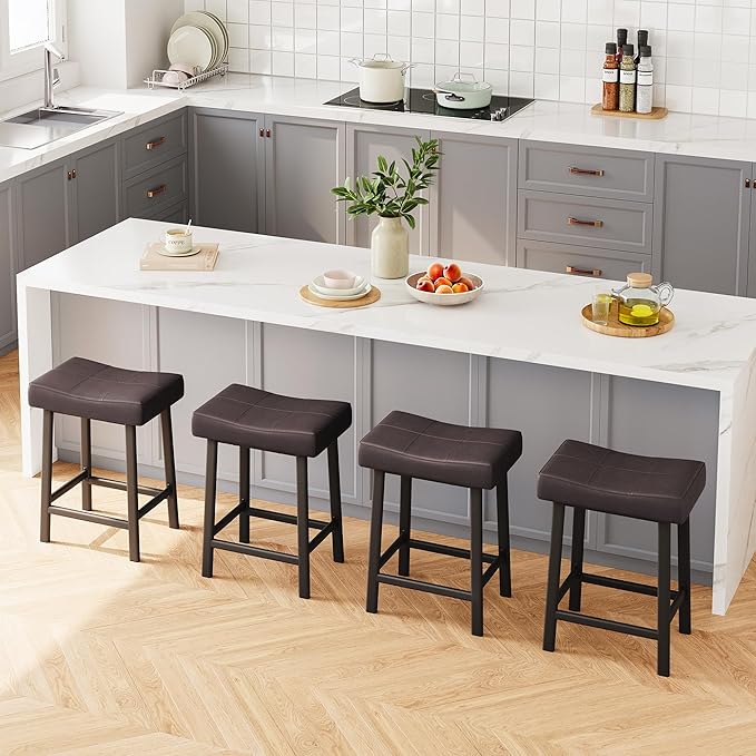 GarveeHome Counter Height Bar Stools Set of 4, 24 Inch Barstools for Kitchen Island Counter, Upholstered Padded Saddle Chairs with Curved Cushion, Easy Assembly, Brown
