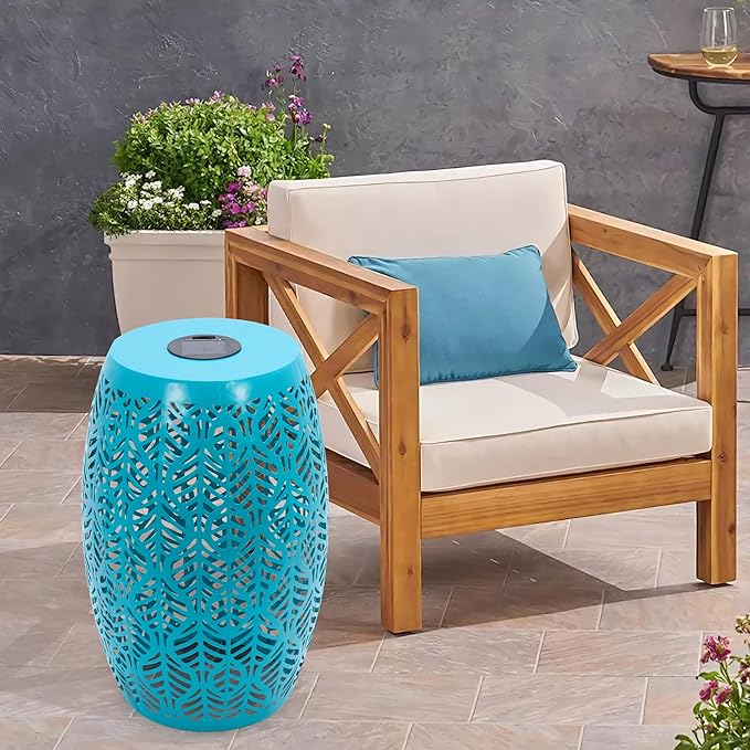 HPC Decor Outdoor Side Table - 18.3" Tall Iron Side Table with Waterproof Solar Powered Light, Cutout Blue End Table,Small Patio Side Table for Outside,Backyard, Pool, Indoor,Decorative Garden Stool.