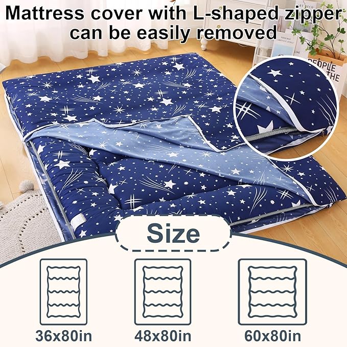 Bohemian Retro Japanese Floor Mattress, Vintage Floral Tatami Floor Mat, Portable Roll up Futon Mattress for Guest,Tavel (Starry,Queen80 X 60")