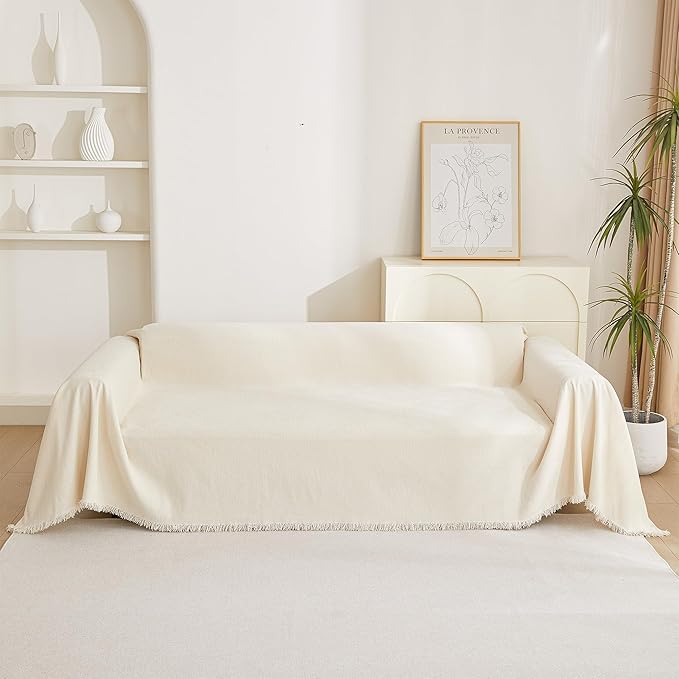 MYSKY HOME Beige Couch Covers Boho Style Chenille for 2 Cushion L-Shape Washable Couch Blanket with Tassel Pet Cushion Cover, 71" X102