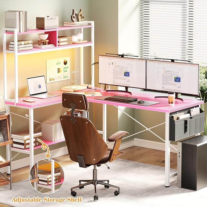 Aheaplus L Shaped Desk Gaming Desk, 59" L Shaped Computer Desk with LED Light & Power Outlet, Reversible Home Office Desk Gamer Desks with Shelves & Storage Bag & Hooks, Corner PC Desk, Pink