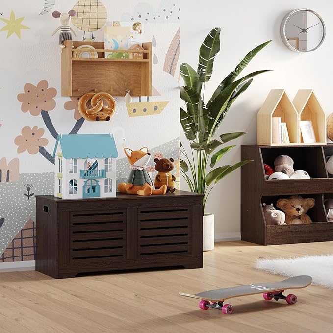 DINZI LVJ Storage Chest, 43.3” Wooden Toy Box with 2 Safety Hinges, Retro Entryway Shoe Storage Bench with Flip-Top, Sturdy Large Storage Trunk for Living Room, Bedroom, Easy Assembly, Espresso