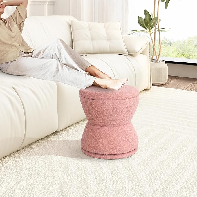 Round Ottoman with Storage, 360° Swivel Boucle Ottoman Vanity Stool, Upholstered Footstool with Storage Removable Lid, Modern Footrest Coffee Table for Living Room, Dorm, Makeup Room, Pink