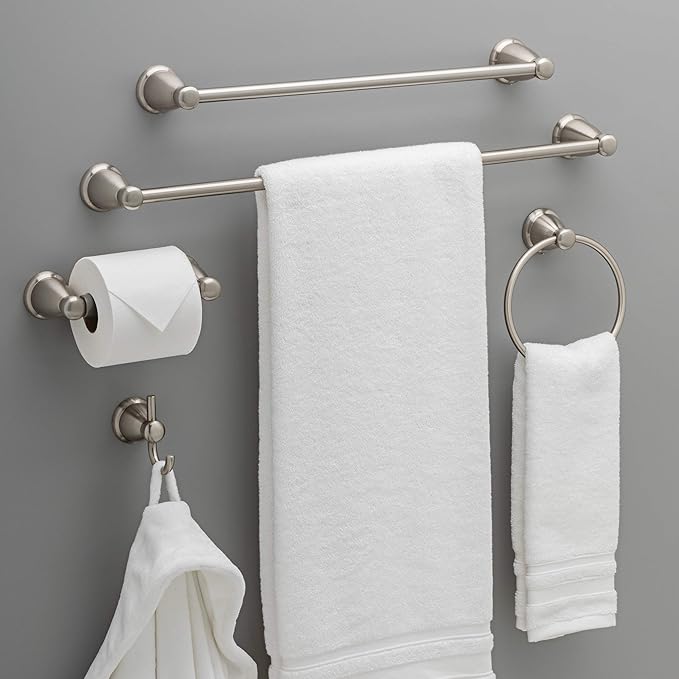 Franklin Brass Kinla 5-Piece Bathroom Set Satin Nickel 18" and 24" Towel Bar Racks, Toilet Paper Holder, Ring, Hook KIN5PC-SN