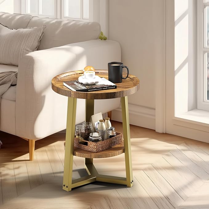 PPAMAPIC Round End Table, 2 Tier Side Table with Storage Shelf, Nightstand Accent Table for Living Room Bedroom Small Space, Golden Metal Frame, 15.7" D x 19.7" H, Rustic Brown
