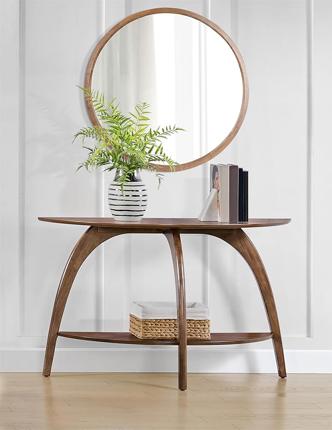 Martin Svensson Home LAX Walnut Brown 48-Inch Half-Moon Wood Sofa Console Table with Shelf Storage