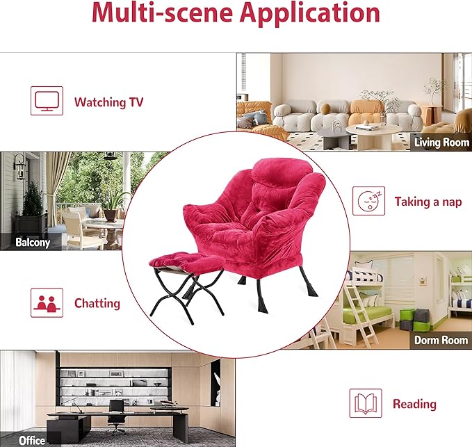 Lazy Chair with Folding Ottoman, Accent Chair Plush Upholstered with Metal Structure and Non-Slip Pads, Sofa Armchair with Footrest and Side Storage Bag for Dorm, Room, Office, Rose Red