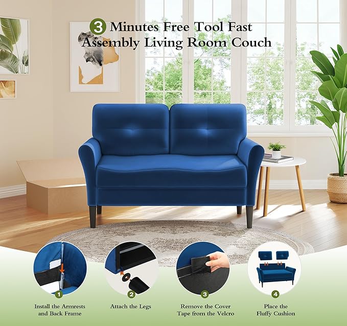 Small Sofa Couch, 48" Loveseat Sofa, Soft Velvet Love Seat Couches, Small Couch for Bedroom with 21" Deep Seat, Comfy Couches for Living Room, Tool-Free Setup Sofas for Living Room, Dark Blue