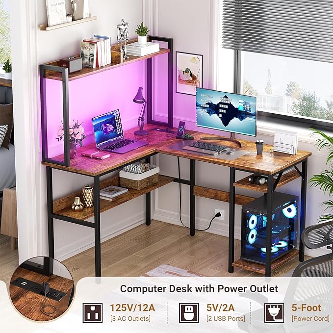 Unikito L Shaped Gaming Desk with LED Strip and Power Outlets, Reversible L-Shaped Computer Desk with Storage Shelves, Corner Desk with Hutch, 2 Person Home Office Desk, Rustic Brown