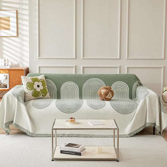 STACYPIK Green Geometric Couch Cover Boho Sofa Cover for Sectional Non-Silp Sofa Covers for Dogs Reversible Beige Couch Cover Loveseat Cover L Shaped Furniture Protector for 3 Cushion Couch-71X134IN