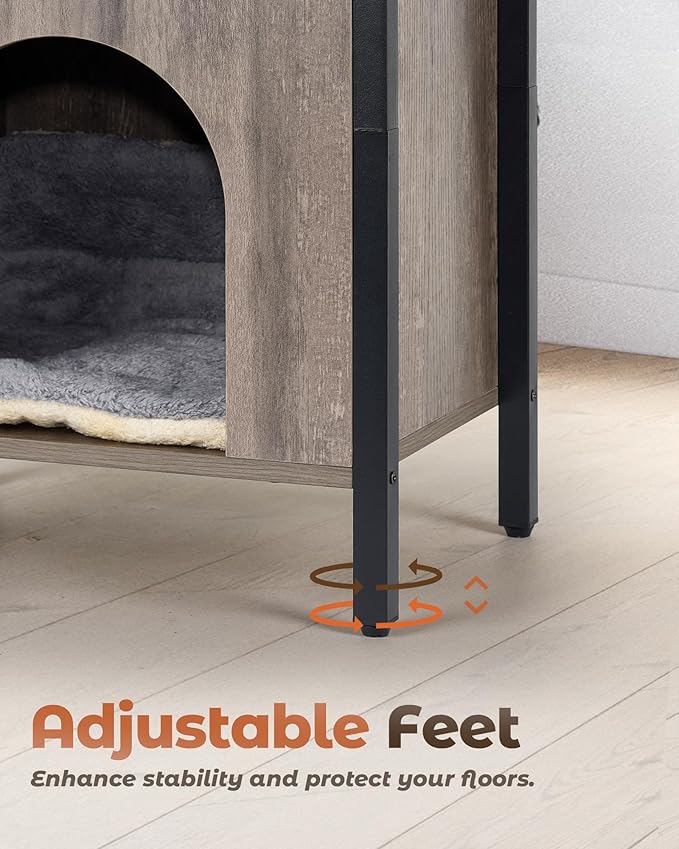 Cat End Table with Charging Station, Indoor Cat House Side Table with Bed, Cat Cave Hideaway Night Stand, Greige