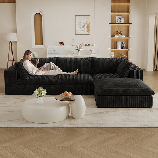 118.2" L Shaped Modular Sectional Cloud Couch with Ottoman, Plush Corduroy Upholstered Compression Sofa, 4-Seat Deep Seat Boneless Sofa Couches with Throw Pillow