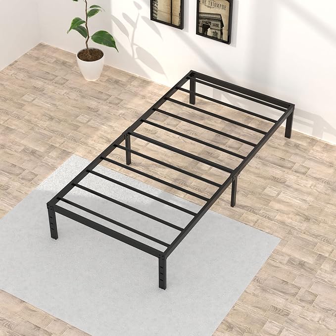 16 Inch Twin Bed Frames No Box Spring Need, Metal Platform Bed Frame Twin Size Heavy Duty Mattress Foundation with 14 Inch Storage, Eassy Assembly 2,500 lbs Steel Slats Support, Black