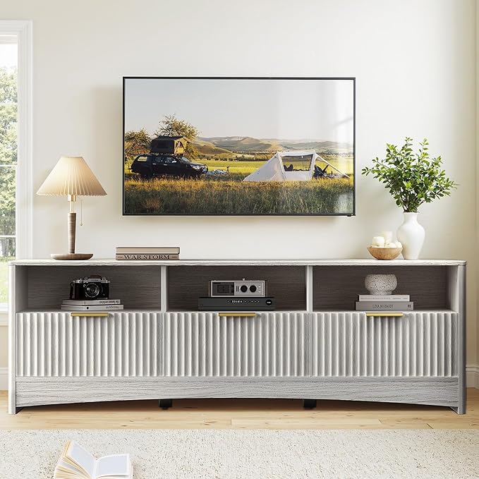 Marsail 59″ Wide TV Stand for TVs Up to 65″, Modern Entertainment Center with Fluted Panels, 3 Easy-Sliding Drawers, Open Shelves & Cable Hole, 3-Tier TV Stands for Living Room & Bedroom, Light Grey