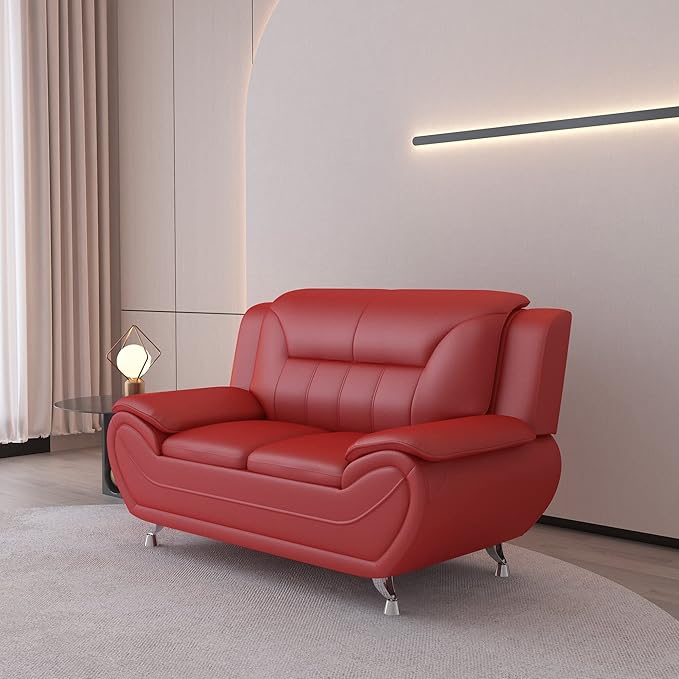 Container Furniture Direct Michael Modern Faux Leather Upholstered Stainless Steel Legs Living Room Loveseat, Red