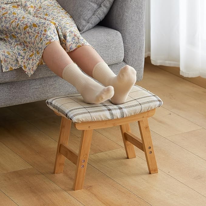 Foot Stool Ottoman Foot Rest Under Desk,Small Stool for Living Room, Bedroom and Kitchen (Natural Legs - Stripes Stool Surface)