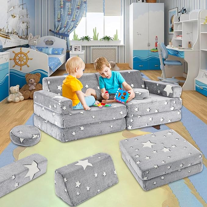 10Pcs Kids Play Couch,Toddler Sofa,Modular Kids Couch for Playing, Creativing, Sleeping (Luminous Color)