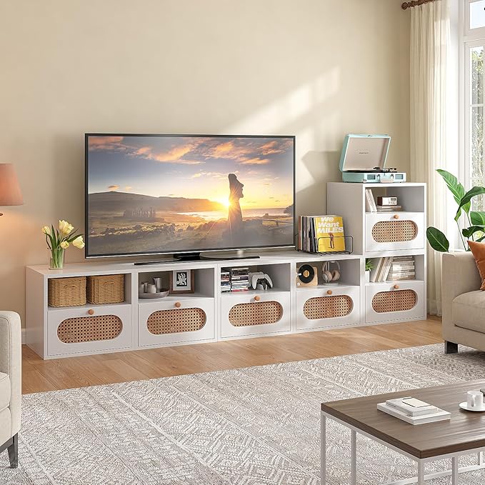 3-in-1 Modular TV Stand with Rattan Doors, DIY Media Console Boho Entertainment Center Modern TV Cabinet with Open Shelves,White