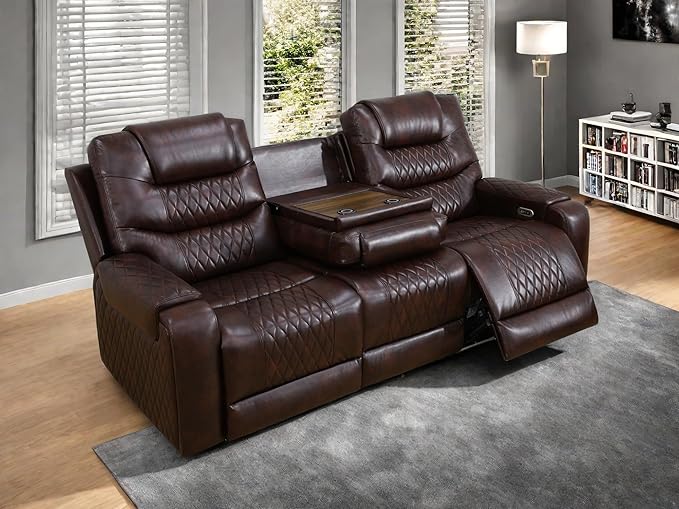 Leather Recliner Sofa Couch, 3-Seater Home Theater Seating Reclining Sofa, Power Reclining Couch with Cup Holders & Drop Down Table for Living Room Furniture Sets, Brown