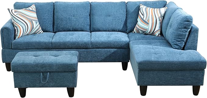 NicBex Sectional Couch 3 Pieces Sofa Set with Left Chaise Flannel L Shaped Cloud Couch for Living Room Furniture Sets with Storage Ottoman, Modular Sofa for Living Room & Apartment, Dark Blue