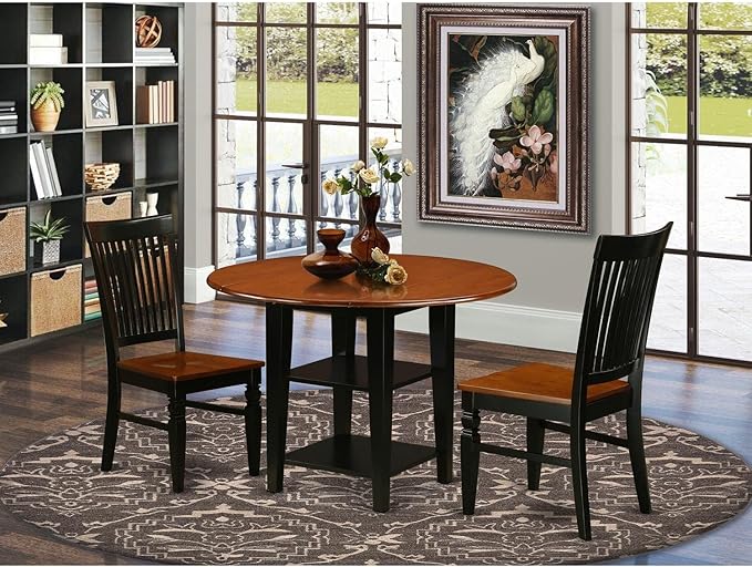 East West Furniture SUWE3-BCH-W 3 Piece Dining Room Furniture Set Contains a Round Kitchen Table with Dropleaf & Shelves and 2 Dining Chairs, 42x42 Inch, Black & Cherry