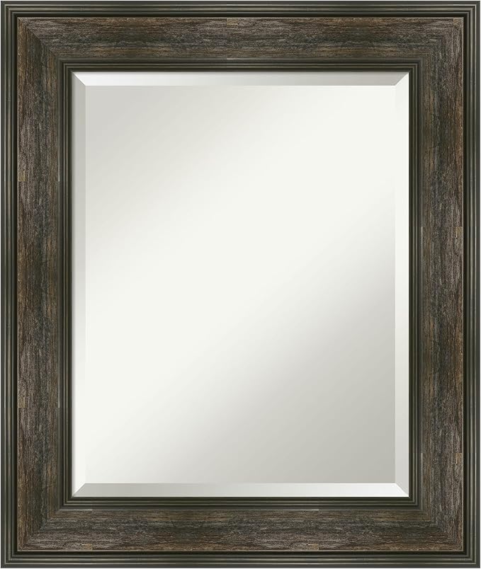Amanti Art Brown Wall Mirror 26x22 Rail Rustic Char Rectangle Bathroom Mirror for Wall Decor Living Room, Small Country Rustic Frame, Hangs Horizonally and Vertically, Bathroom Decor, Beveled Edge