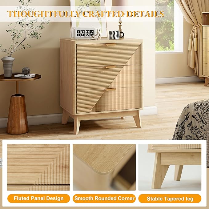 3 Drawer Fluted Nightstand for Bedroom, Modern Wood Chest of Drawers with Curved Profile, Fluted Dresser & Wood Drawer Organizer for Bedroom and Hallway