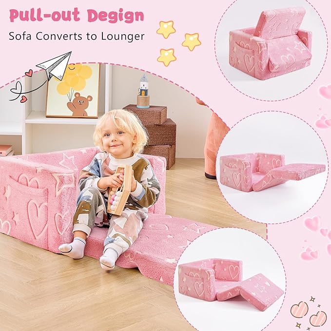 Toddler Chair Comfy,2-in-1 Soft Toddler Couch Fold Out for Kids,Convertible Sofa to Lounger,Gift for Girls and Boys Birthday,Heart,Medium